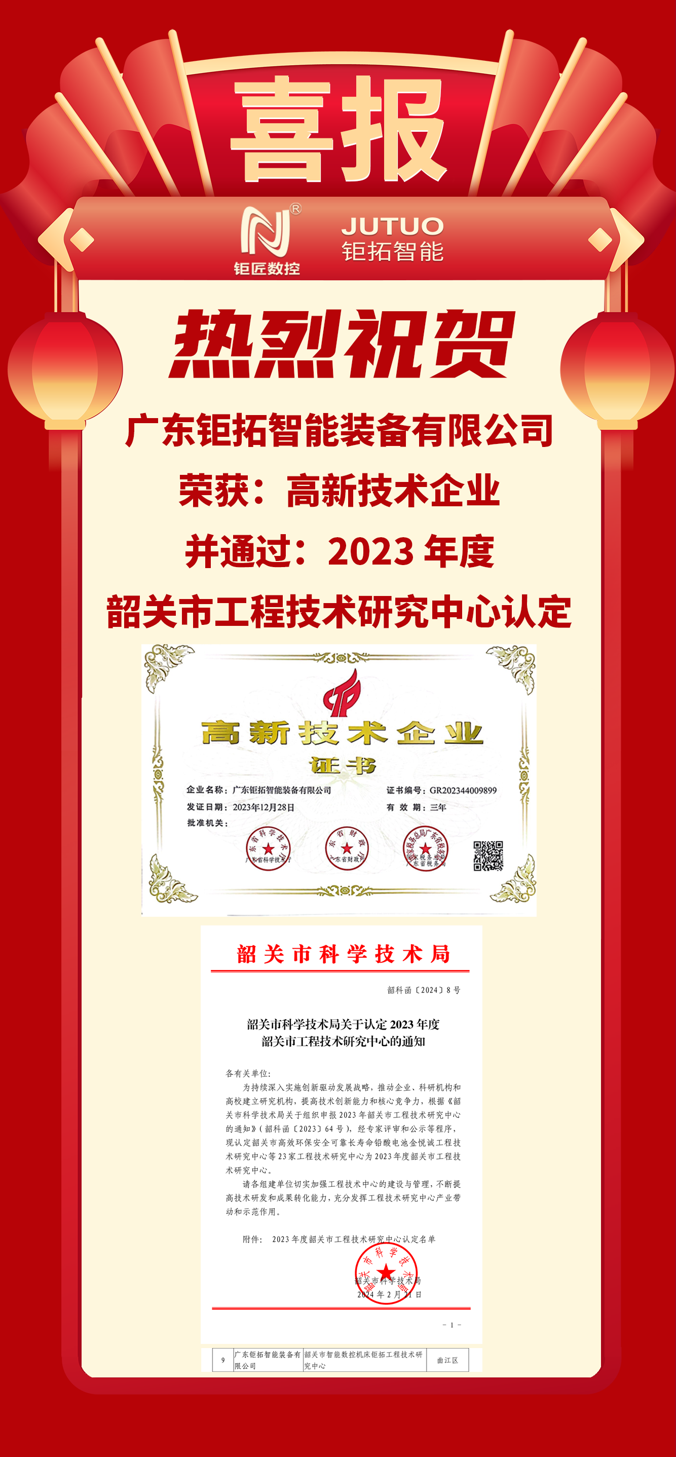 【喜報】鉅匠數控韶關工廠榮獲:高新技術企業(yè)、韶關市工程技術研究中心認定